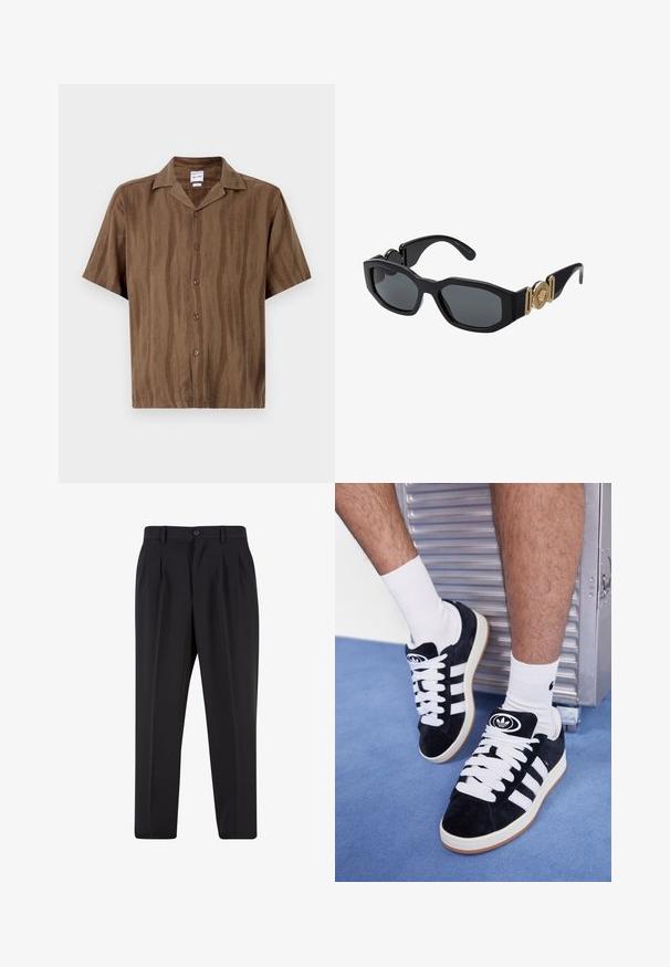 Brašni kratki rukavi košulja s suptilnom prugastom teksturom, s prednjim kopčanjem na gumbe i klasičnom ovratnikom. Lagani materijal.; Bijela pamučna majica s kratkim rukavima, zaobljenim izrezom, opuštenog kroja, bez vidljivih logotipa ili uzoraka. Glatka tekstura i minimalni dizajn.; Crne hlače s nabranim prednjim dijelom, izrađene od glatkog materijala. Imaju zatvaranje na gumb i petlje za remen; ravne su krojen.; Crne nubuk tenisice s bijelim vezicama i tri bijele pruge. Imaju kružni crni logo na jeziku i gumeni potplat.; Crne sunčane naočale s debelim geometrijskim okvirom, tamnim lećama i zlatnim metalnim detaljima na sljepoočnicama koji uključuju okrugli amblem.