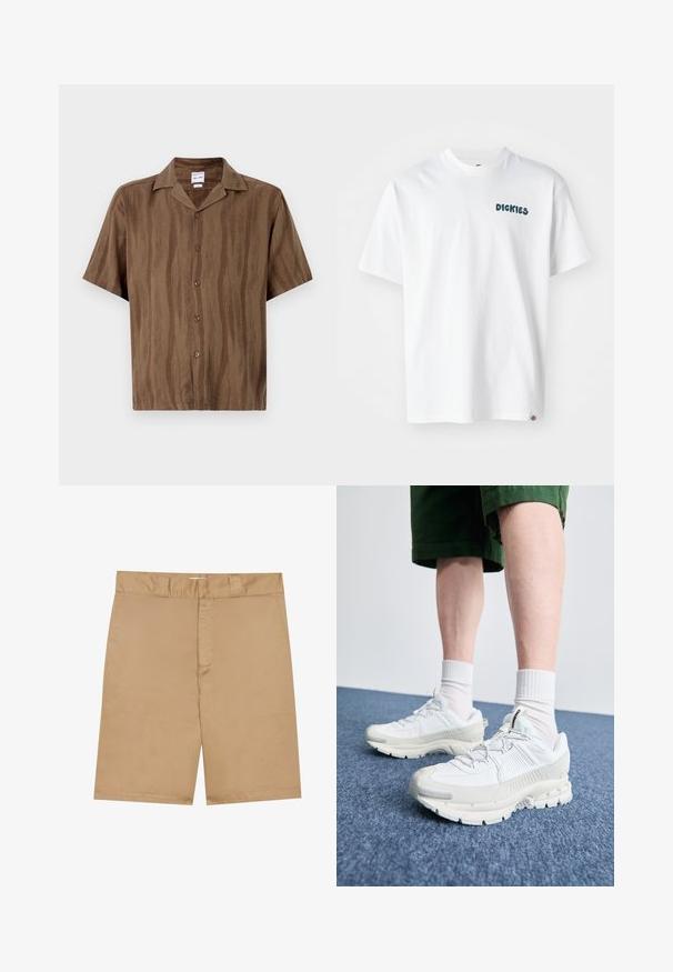 Chemise brune à manches courtes avec une texture à rayures subtiles, fermeture à boutons à l'avant et col classique. Tissu léger.; T-shirt en coton blanc à manches courtes, arborant le texte vert "DICKIES" sur le devant. Coupe droite et petite étiquette logo sur l'ourlet.; Shorts kaki avec une taille plate, fermeture éclair à l'avant et poches latérales ; fabriqués dans un tissu lisse et léger avec une texture subtile.; Des chaussures de sport blanches avec des superpositions texturées, une semelle épaisse et des accents gris. Portées avec des chaussettes blanches et des shorts verts sur une surface bleue.