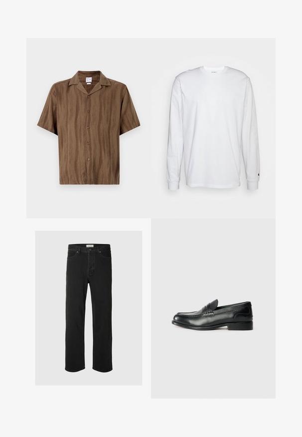 Barna, rövid ujjú ing, amely finom csíkos textúrával rendelkezik, gombos elülső záródással és klasszikus gallérral. Könnyű anyag.; Fehér, hosszú ujjú, pamut póló. Kerek nyakú kialakítás, bordázott mandzsetták és egy kis logó a bal ujján. Simaság jellemzi.; Fekete farmer egyenes szárú jezák klasszikus öt zsebes dizájnnal, gombos záródással, minimális varrással és puha tapintással rendelkezik.; Fekete bőr mokaszinok sima felülettel, varrott részletekkel a lábfej részen és kissé megemelt sarokkal.