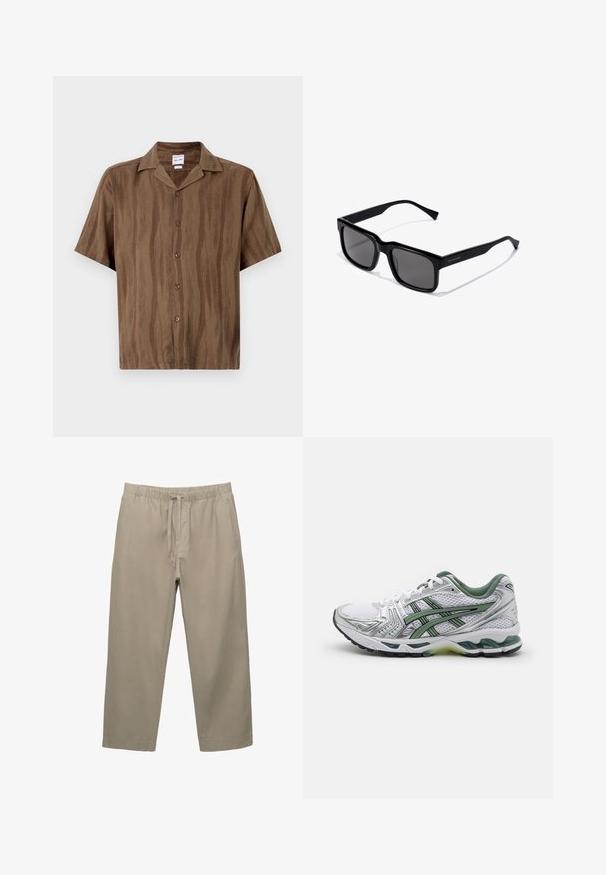 Camicetta corta marrone a maniche corte con una sottile trama a righe, chiusura frontale a bottoni e colletto classico. Tessuto leggero.; Pantaloni in cotone beige con vita elastica e cordoncino regolabile. Design a gamba dritta con tasche laterali e una texture liscia.; Scarpa da corsa bianca con accenti argentati, colletto in rete verde e strisce verdi. Presenta una tomaia in rete testurizzata e suola imbottita.; Occhiali da sole neri rettangolari con lenti scure; montatura in plastica lucida con stanghette dritte e un sottile dettaglio del logo di lato.; Orologio in acciaio inox argentato con quadrante rotondo bianco, lunetta tachimetrica nera, dettagli verdi e bracciale in metallo a maglie.