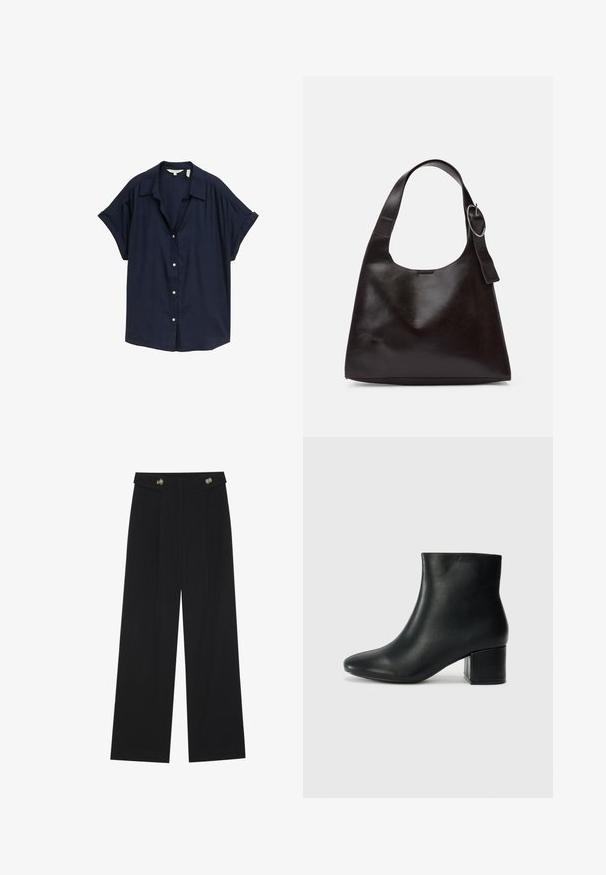 Navy blue short-sleeve button-up shirt in lightweight fabric with a relaxed fit, featuring a classic collar and white buttons.; Black wide-leg trousers with high waist, button details on waistband, and front pleats.; Black leather ankle boots with a pointed toe and a chunky heel. Smooth texture with minimal accents and a sleek, fitted design.; Brown leather shoulder bag with a smooth texture, rounded shape, wide strap, and circular metallic accent on the handle.