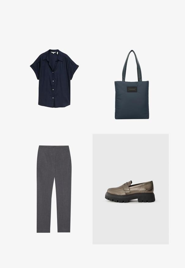 Sötétkék rövid ujjú gombos ing könnyű anyagból, laza szabással, klasszikus gallérral és fehér gombokkal.; Szürke, bélelt nadrág, texturált anyagból készült, oldalsó zsebekkel és egyenes szabású dizájnnal, sima derékpánttal.; Fémes olívazöld bőr loaferek kerek orral, fekete vastag gumitalppal és minimális varrási részletekkel a felső részen.; Sötétkék vászontáska sima nylonból, két texturált fogantyúval, és egy fekete téglalap alakú logótéttel az elején.