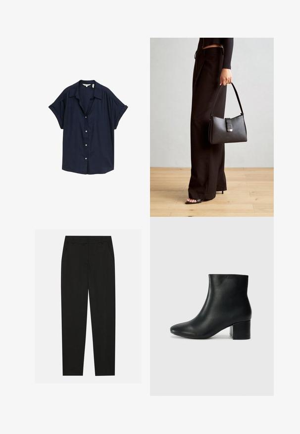 Sötétkék rövid ujjú gombos ing könnyű anyagból, laza szabással, klasszikus gallérral és fehér gombokkal.; Fekete nadrág testreszabott kialakítással, oldalsó zsebekkel és egyenes lábbal. Simább, könnyű szövetből készült, elegáns felülettel.; Fekete bőr bokacsizma hegyes orral és vastag sarokkal. Sima felület minimális díszítéssel és karcsú, passzos kialakítással.; Fekete kézi táska strukturált formával, sima textúrával és fémből készült záródással. Széles fekete nadrággal és nyitott orrú szandállal párosítva, fából készült padlón.