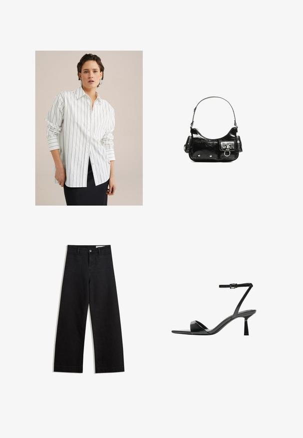 Biela košeľa na gombíky s vertikálnymi čiernymi pruhmi, dlhými rukávmi a voľným strihom. Obsahuje špicatý golier a gombíkové manžety pre detail.; Čierne denimové nohavice s širokými nohavicami a vysokým pásom, so prednými a zadnými vreckami, šitými švami a zapínaním na gombík. Hladká textúra.; Bershka Sandále na vysokom opätku - black; Čierna laková kožená kabelka s ohnutým tvarom, jedným ramenným popruhom, prednými vreckami a striebornými kovovými doplnkami.
