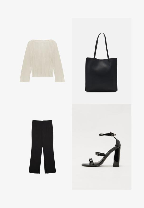 Lys beige langærmet top med ribbet tekstur og firkantet udskæring. Stoffet har subtile lodrette plisseringer og en cropped design.; Sorte bukser med lige pasform, der har frontlommer og slidser i kanten. Lavet af blødt, glat stof. Velegnet til forskellige anledninger.; Sorte patenterede hælsandaler med firkantet tå, ankelremme og sølvspænder. Har en chunky blokHæl for stabilitet.; Sort læder tote taske med glat tekstur, rektangulær form og to lange hanke. Ingen synlig hardware eller udsmykninger.