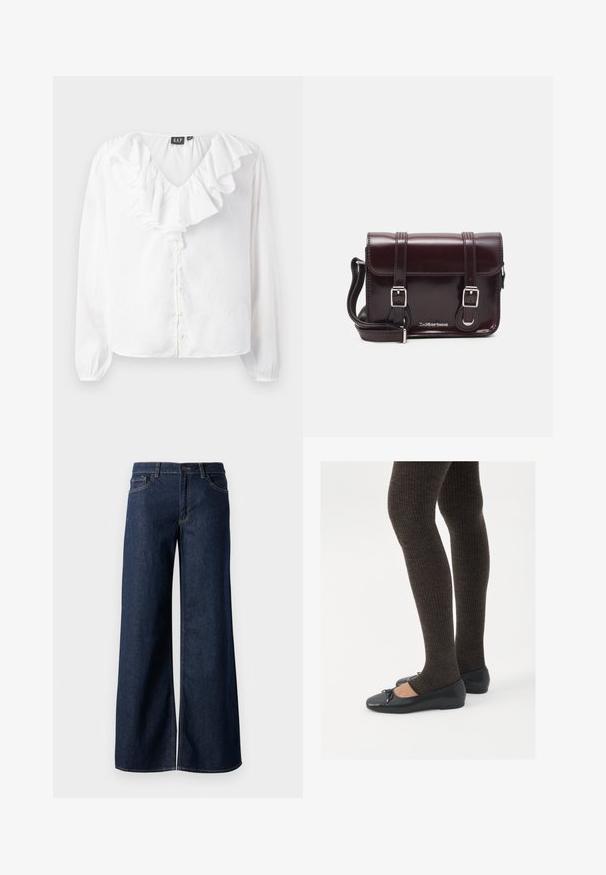 Camicia bianca a maniche lunghe con scollatura a V, caratterizzata da un frontale arricciato, bottoni perlacei e una vestibilità relaxed, realizzata in tessuto leggero.; Jeans a gamba larga in denim blu scuro. Presentano cuciture a contrasto, cinque tasche e una chiusura con bottone in vita. Texture morbida.; Scarpe nere a flat con un piccolo fiocco sulla punta, abbinate a collant a coste marrone scuro. Le scarpe hanno una texture liscia e un profilo basso.; Borsa a tracolla in pelle verniciata bordeaux con forma rettangolare, due manici, accessori in argento e chiusura a patta.