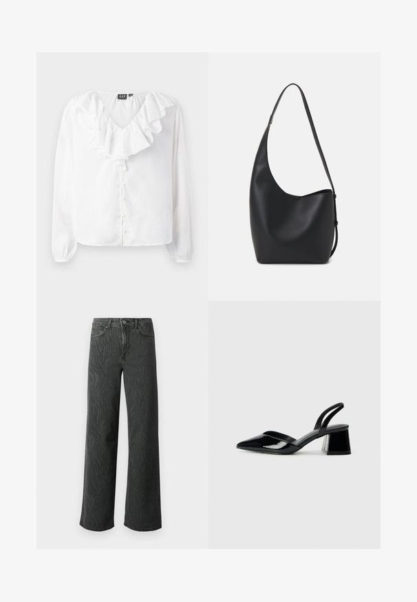 Camicia bianca a maniche lunghe con scollatura a V, caratterizzata da un frontale arricciato, bottoni perlacei e una vestibilità relaxed, realizzata in tessuto leggero.; Jeans a gamba larga in denim grigio scuro, con una sottile texture a zebra, cuciture a contrasto e design a cinque tasche con chiusura a bottone.; Décolleté in vernice nera con punta affusolata e tacco in geometria cubica. Presentano un design elegante e minimalista, con una texture liscia.; Borsa hobo nera in pelle con una superficie liscia, forma curvata e una singola tracolla regolabile; presenta un'ampia apertura nella parte superiore.