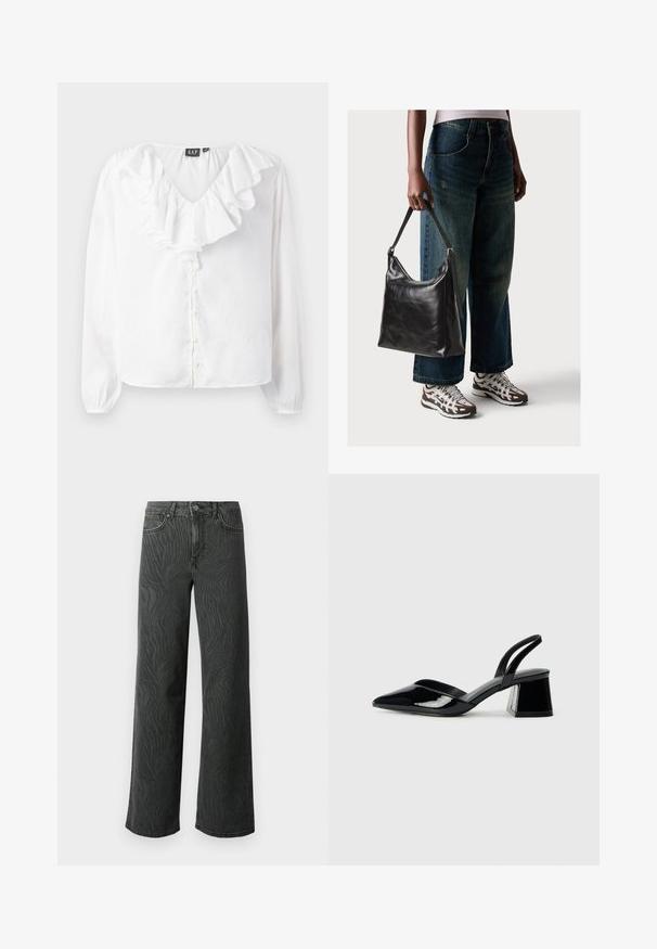 Valkoinen pitkähiha काँja, jossa on V-pääntie, rypytetty etuosa, helmi-napit ja rento istuvuus, valmistettu kevyestä kankaasta.; Kapelevat farkut tummanharmaasta farkkukankaasta, joissa on hienovarainen seeprakuosistructuuri, kontrastiväriset tikkaukset ja viisi taskua napillista avausmekanismia varten.; Mustat patentoitu nahkakengät, joissa on säären takaosa ja terävä kärki, sekä geometrinen palikkakorko. Sisältää tyylikkään, minimalistisen muotoilun ja sileän pinnan.; Musta nahkainen olkalaukku, jossa on sileä pinta ja säädettävä hihna, yhdistettynä haalistuneisiin leveälahkeisiin farkkuihin ja urheilukenkien kanssa.