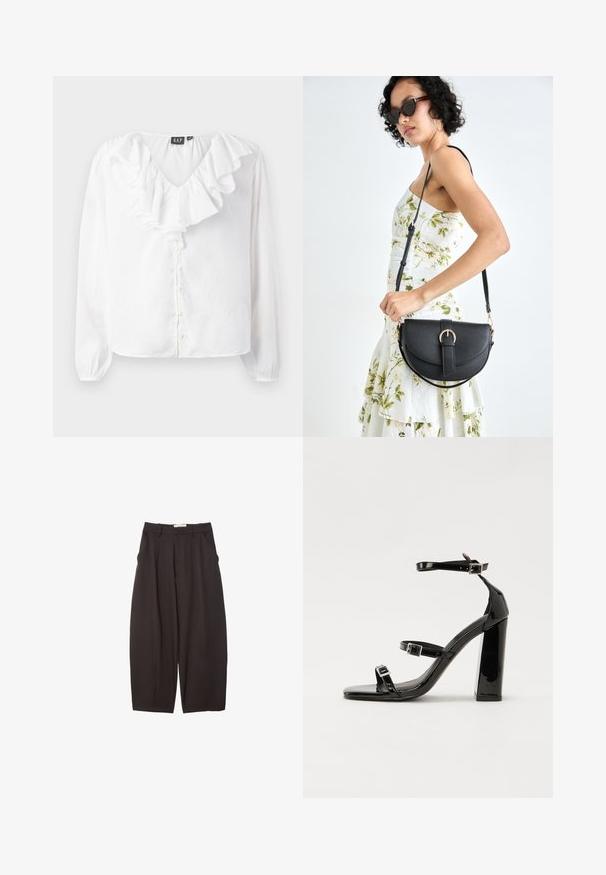 Camicia bianca a maniche lunghe con scollatura a V, caratterizzata da un frontale arricciato, bottoni perlacei e una vestibilità relaxed, realizzata in tessuto leggero.; Pantaloni neri a gamba larga realizzati in un tessuto morbido, con vita alta, pieghe frontali e tasche laterali. Design semplice senza decorazioni.; Sandali con tacco in vernice nera, con punta squadrata, cinturini alla caviglia e fibbie in argento. Presentano un tacco a blocco spesso per maggiore stabilità.; Borsa a tracolla nera in pelle con una forma curva, manico rimovibile e accessori dorati. La borsa presenta una patta con un dettaglio a fibbia.