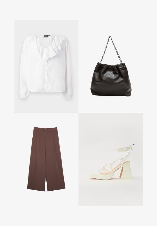 Bela bluzica z dolgimi rokavi in V-izrezom, z nabranim sprednjim delom, bisernimi gumbi in sproščenim krojem, izdelana iz lahkotnega materiala.; Rjave široke hlače z gladko teksturo, ki imajo visok pas in sprednje naborke. Tkanina je lahka in prosto pada.; Bela sandala na visokih petah s debelim petam, ki ima obliko trakcev in vezanje okoli gležnja. Gladka tekstura z platformo spredaj za dodatno višino.; Rjava usnjena torba z nabranim vrhom in verižnim trakom. Gladka tekstura z sijajno površino in subtilnimi šivi na straneh.