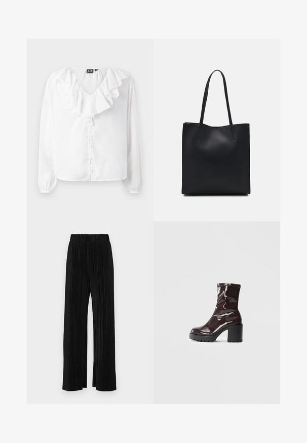Bílá dlouhá halenka s dlouhým rukávem a výstřihem do V, která má volánkovou přední část, perlové knoflíky a volný střih, vyrobená z lehkého materiálu.; Černé plisované kalhoty s elastickým pasem. Mají široké nohavice a hladkou, strukturovanou tkaninu s vertikálními pruhy.; Lesklá bordó kotníková bota s masivním černým podpatkem, se hladkým povrchem a jednoduchým designem. Žádné viditelné zapínání ani vzory.; Černá kožená taška přes rameno s hladkým povrchem, obdélníkovým tvarem a dvěma dlouhými uchy. Žádné viditelné kování ani ozdoby.