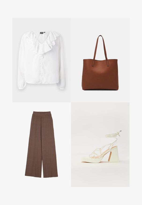 Witte blouse met lange mouwen en V-hals, met een gerimpelde voorkant, parelknopen en een comfortabele pasvorm van lichtgewicht stof.; Brede pijpen van een textuurstof met ribbels in een warme bruine kleur. Heeft een naadloze tailleband en een vloeiende silhouet.; Witte hoge hakken sandaal met een chunky hak, met een bandjesontwerp en enkelband. Gladde textuur met een plateau voor extra hoogte.; Bruine leren tote bag met een gladde textuur, een ontwerp met een open bovenkant en twee schouderbanden. Kenmerkt zich door minimale stiksels en geen zichtbare hardware.