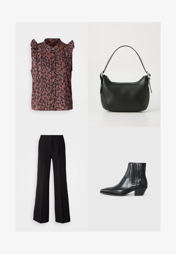 Sort ærmeløs bluse med rynkede skulderdetaljer, pyntet med røde blomstermønstre og lodrette folder, med en knappet front.; Sorte bukser lavet af glat stof, med høj talje, bred ben silhuet og to frontfolder for ekstra design detaljer.; Sorte læder ankelstøvle med spids tå, elastiske sidepaneler med lodrette riller og en lav blokhæl. Glat tekstur og slankt design.; Sort læderhandtaske med en buet form, sølv lynlås og et kort håndtag. Har et diskret logo på forsiden og en glat tekstur.