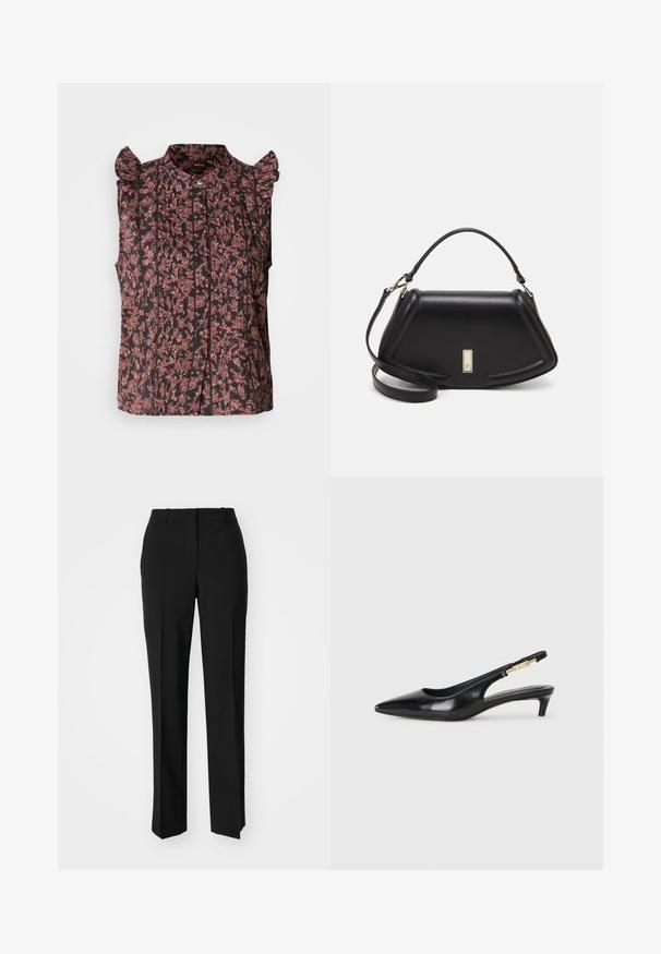 Canotta nera senza maniche con spalle arricciate, decorata con motivi floreali rossi e pieghe verticali, caratterizzata da una chiusura con bottoni frontale.; Pantaloni neri su misura con un design a gamba dritta, caratterizzati da una texture liscia e pieghe ben definite sul davanti. Senza hardware visibile.; Tacchi slingback in pelle nera con punta affusolata, caratterizzati da un tacco alto e un accento dorato sulla cinghia regolabile. Texture liscia.; Borsa a mano in pelle nera con un design strutturato, caratterizzata da una forma corta, manico superiore e accessori in metallo dorato. Inclusa tracolla regolabile.