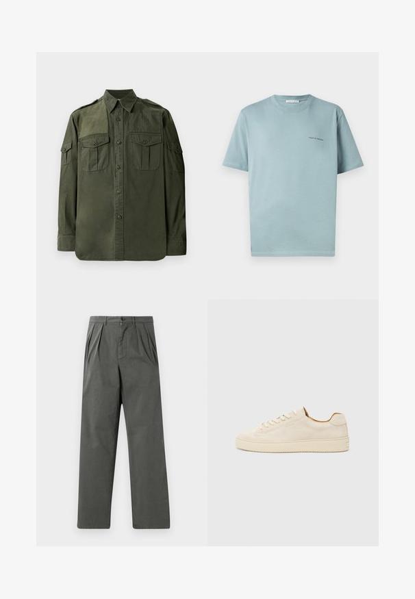 Camisa de manga longa verde-oliva feita de algodão. Apresenta uma frente com botões, dois bolsos no peito e épaulettes nos ombros. Textura suave.; T-shirt de algodão azul claro com gola redonda, mangas curtas e um pequeno logótipo "TIGER OF SWEDEN" no lado esquerdo do peito. Textura suave.; Calças leves, plissadas em algodão cinza escuro com um design de perna reta. Apresenta um fecho frontal com botão e passadores para cinto.; Sapatilhas de camurça bege com um design de cano baixo, bico redondo, atacadores planos e uma sola de borracha texturizada. Estilo minimalista sem logótipos visíveis.