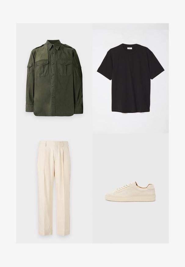 Chemise olive, à manches longues, en coton. Avec un devant à boutons, deux poches poitrine et épaulettes. Texture lisse.; T-shirt en coton noir avec un col ras du cou, des manches courtes et une coupe décontractée. Design simple, texture lisse, sans motifs ni logos visibles.; NN.07 KAY - Pantalon classique - off white; Baskets en suède beige au design low-top, à bout rond, avec des lacets plats et une semelle en caoutchouc texturée. Style minimaliste sans logos visibles.