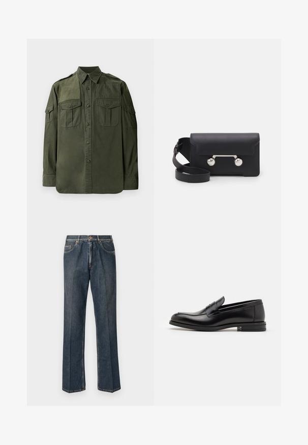 Olive green, long-sleeve shirt made from cotton. Features a button-down front, two chest pockets, and shoulder epaulets. Smooth texture.; Dark blue straight-leg denim jeans with front button, zip fly, double front pockets, and visible vertical creases down the legs.; Black leather loafers with a smooth texture, rounded toe, and a decorative strap across the vamp. Low stacked heel, minimalist design.; Black leather crossbody bag with a flap closure, silver-tone hardware, and two round accents. Features a detachable strap. Smooth texture.