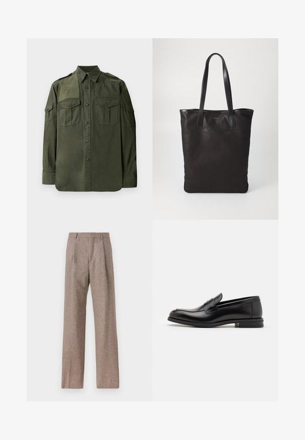 Oliven grøn, langærmet skjorte lavet af bomuld. Har en knaplukning foran, to brystlommer og skulderepauleter. Glat tekstur.; Brune, højtaljede bukser lavet af tekstureret stof. Har brede ben og to frontfoldninger for struktur. Pæn finish uden synlig hardware.; Sorte læderloafers med en glat overflade, rund tå og en dekorativ strop over vampen. Lav hæl med stabeldesign, minimalistisk stil.; Sort lærred tote taske med sorte læderhåndtag. Simpelt design, rummelig krop og en glat overflade. Ingen synlige logoer eller mønstre.