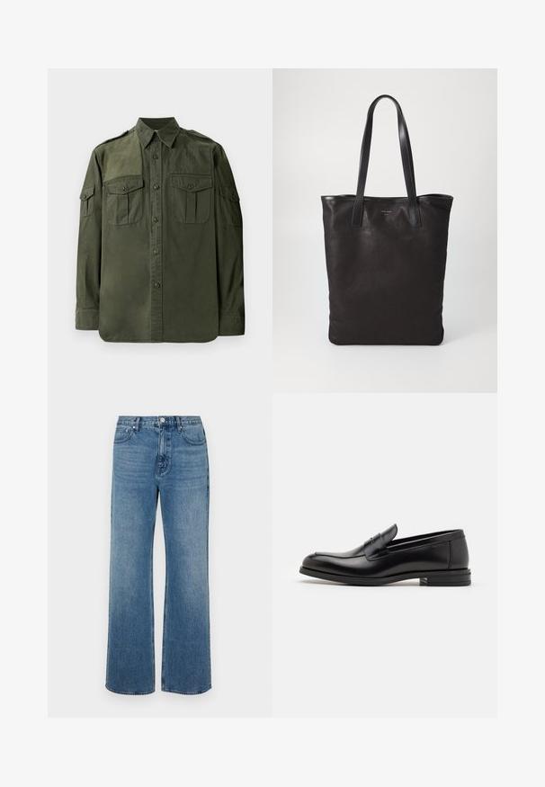 Chemise olive, à manches longues, en coton. Avec un devant à boutons, deux poches poitrine et épaulettes. Texture lisse.; Jean bleu à jambes larges en denim avec une finition délavée. Comprend cinq poches, une fermeture à bouton à l'avant et une coupe droite.; Mocassins en cuir noir avec une texture lisse, bout rond et une sangle décorative sur le dessus. Talon bas empilé, design minimaliste.; Sac fourre-tout en toile noire avec des poignées en cuir noir. Design simple, corps spacieux et texture lisse. Pas de logos ou motifs visibles.