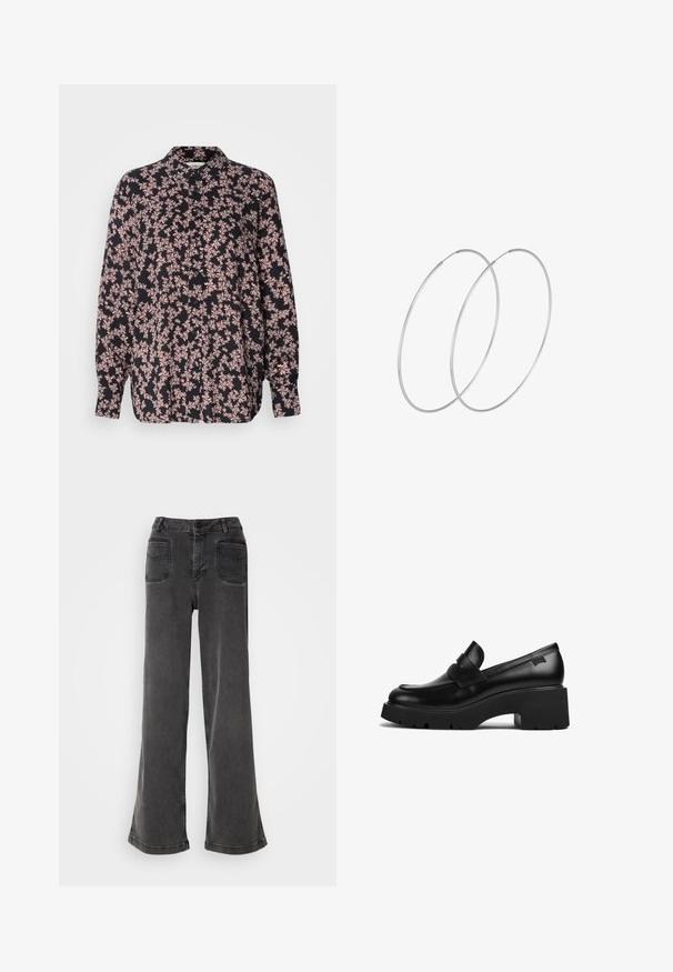 Langarmhemd mit schwarzem Grund, das ein florales Muster in Pink zeigt. Knopfverschluss vorne, lockere Passform und weicher Stoff. ; Schwarzes ärmelloses Rollkragenoberteil, aus glattem Stoff hergestellt. Eng anliegendes Design mit hohem Kragen und geradem Saum, minimalistisch und in einfarbiger Ausführung.; Hoch geschnittene, weit geschnittene schwarze Jeans aus Denim, ausgestattet mit einem Knopfverschluss, Gürtelschlaufen und zwei hinteren Taschen mit gestickten Akzenten.; Schwarze Leder-Loefer mit klobigem Absatz, dicker Sohle und einem Riemen über der Oberseite, seitlich auf einem weißen Hintergrund gezeigt.; Silberne Creolen mit minimalistischem Design. Rundform, glatte Oberfläche und dünnes Profil. Leichtgewichtig mit hochglänzender Oberfläche.