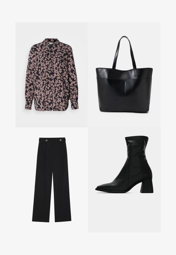 Koszula z długim rękawem o czarnym tle, z różowym wzorem kwiatowym. Zapinana na guziki z przodu, o luźnym kroju i miękkiej fakturze materiału.; Czarne szerokie spodnie z wysokim stanem, z detalami w postaci guzików na pasku oraz plisami z przodu.; Czarne botki za kostkę z szpiczastym noskiem, wykonane z gładkiej skóry. Posiadają blokowy obcas oraz dopasowaną cholewkę, z widocznymi detalami szwów.; Czarna skórzana torba na ramię z dwoma długimi uchwytami, gładką teksturą i sztywną formą. Posiada przednią kieszeń dla dodatkowego przechowywania.