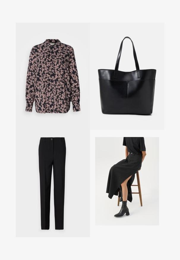 Cămașă cu mânecă lungă, cu bază neagră, având un model floral în nuanțe de roz. Are închidere cu butoni pe față, croială relaxată și o textură moale a materialului.; Pantaloni negri croiți, cu un design drept, având sistem de închidere cu nasture și centură, confecționați dintr-un material neted.; Fustă maxi din in negru cu o fanta înaltă, purtată cu un tricou negru și cizmulițe negre până la gleznă. Design minimalistic cu o croială lejeră.; Geantă oversized din piele neagră, cu două mânere lungi, de textură netedă și formă structurată. Are un buzunar frontal pentru stocare suplimentară.