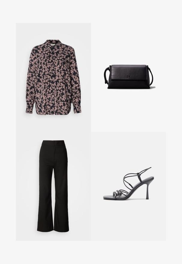Garais piedurkņu krekls ar melnu pamatu, kas izceļas ar rozā ziedu rakstu. Ar pogu aizdari priekšpusē, brīvs griezums un mīksta auduma tekstūra.; Melni platlegu bikses ar gludu tekstūru, augsto vidukli un tīru dizainu. Nav redzamu kabatu vai rotājumu.; Melnas augstpapēžu sandales ar plāniem siksniņām un mezgla dizainu, gluda kvadrātveida purngalu un elegantu stiletto papēdi.; Melna ādas maku ar taisnstūra formu, gludu tekstūru, platu aizdari un nelielu rokturi sānos. Satur diskretu logo.; Zelta riņķveida auskari ar tekstūru un neregulāru formu. Iekļauj bezšuvju aizdari un pulētu virsmas apdari, uzsverot mūsdienīgu dizainu.