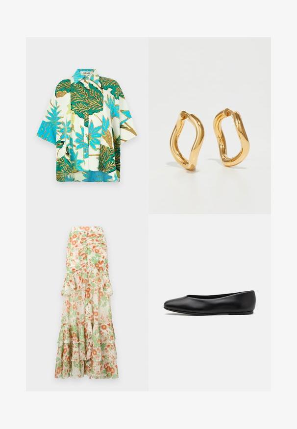 Kortærmet skjorte med blomsterprint, prydet med et livligt grønt, blåt og hvidt bladmønster, med knaplukning foran og en afslappet pasform.; Blomster maxi nederdel med en cremet baggrund, print af orange og grønne blomster, flæser og en tætsiddende talje.; Paul Smith TOPANGA - Ballerinasko - black; Guldfarvede hoops øreringe med en buet, uregelmæssig form og en glat, poleret overflade. Ingen synligt hardware eller dekorationer.