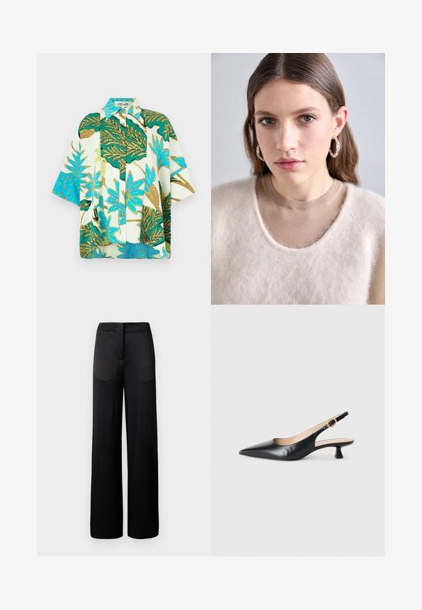 Kurzärmliges Blumenshirt mit einem lebhaften Muster aus grünen, blauen und weißen Blättern, mit durchgehender Knopfleiste und lässiger Passform.; Schwarze weit geschnittene Hose mit strukturierter Oberfläche, ausgestattet mit einem flachen Bund und zwei Seitentaschen. Der Stoff wirkt leicht und fließend.; Schwarze Leder-Slingback-Kitten-Heel-Schuhe mit spitzem Zehenbereich und goldener Schnalle am Seitenriemen, auf weißem Hintergrund.; Hellbeige gestrickter Pullover mit flauschiger Textur und weitem Ausschnitt, über einem enganliegenden braunen Shirt. Das Model trägt silberne Creolen.