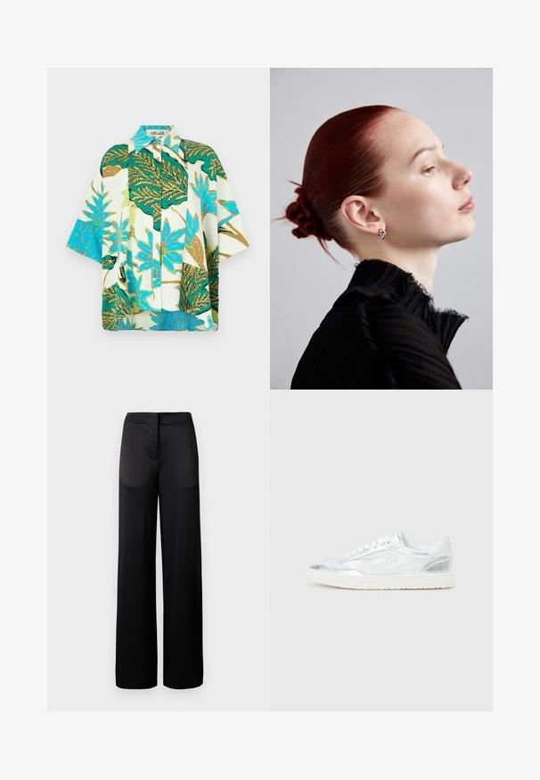 Lühikeste varrukatega lilleline särk, milles on erksad rohelised, sinised ja valged lehemustrid, nööbiga ees ja mugava lõikega.; Laiad mustad püksid tekstureeritud pinnaga, millel on lame vöökoht ja kaks kül pocketit. Kangas näib kergena ja voolavana.; Valged tennisjalanõud metallik hõbedaste aktsentidega, sile tekstuur, ümar varvas, tasane põhi ja traditsiooniline paeltega sulgemine.; Hõbedased kõrvarõngad, tekstureeritud must plisseeritud topp kõrge kraega ja sile, kinni pandud punane juuksepea. Profiilipilt heleda tausta vastu.