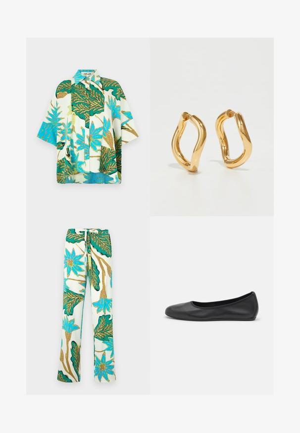 Short-sleeve floral shirt featuring a vibrant green, blue, and white leaf print with a button-up front and a relaxed fit.; Floral-patterned trousers featuring blue flowers and green leaves on a cream background; material appears smooth with a relaxed fit.; Black leather ballet flat with a rounded toe, smooth texture, minimal stitching detail, and a flexible sole design.; Gold-colored hoop earrings with a curved, irregular shape and a smooth, polished texture. No visible hardware or accents.