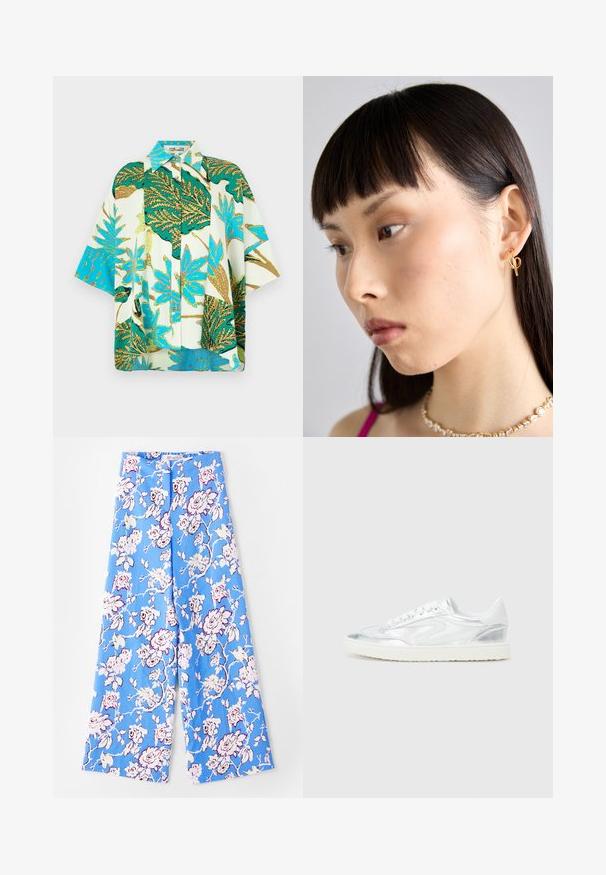 Camisa de manga corta con un estampado floral vibrante en verde, azul y blanco, con cierre de botones en el frente y un ajuste relajado.; Pantalones florales azules con un patrón de rosas en tonos pastel. La tela es suave, con un corte relajado, piernas anchas y una cinturilla elástica.; Zapatillas blancas con acentos metálicos plateados, textura suave, puntera redonda, suela plana y diseño tradicional de cordones.; Pendiente de aro dorado llevado en la oreja derecha, que presenta un diseño abierto. El modelo tiene el cabello liso y oscuro y un maquillaje minimalista.