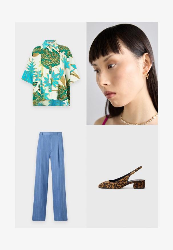 Kortærmet skjorte med blomsterprint, prydet med et livligt grønt, blåt og hvidt bladmønster, med knaplukning foran og en afslappet pasform.; Lysblå bukser med brede ben og lodrette hvide striber. Fremstillet af glat materiale, med en frontplissé og et rent design af taljebåndet.; Kvinders slingback sko i leopardmønster med lav blokhælh og guldspænde på siden, vist i sideprofil på ensfarvet baggrund.; Guldørering i hoop-stil båret i højre øre, med et åbent design. Modellen har lige, mørkt hår og minimal makeup.