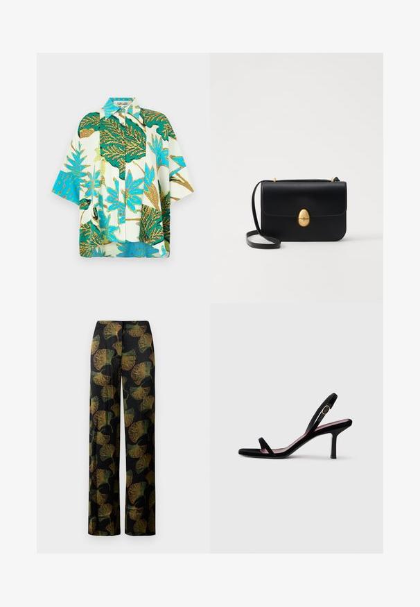 Camicia a maniche corte con stampa floreale caratterizzata da un vivace motivo di foglie verdi, blu e bianche, con chiusura a bottone e vestibilità rilassata.; Pantaloni larghi neri con stampa di foglie di ginkgo verde e arancio. Il tessuto ha una texture sottile, che enfatizza il motivo su tutta la superficie.; Sandalete da donna nera in suede con tacco alto, dotata di cinghie sottili e una fibbia dorata su uno sfondo bianco, vista laterale.; Borsa a tracolla in pelle nera con forma rettangolare strutturata. Presenta una chiusura ovale dorata e una sottile tracolla. Texture liscia.