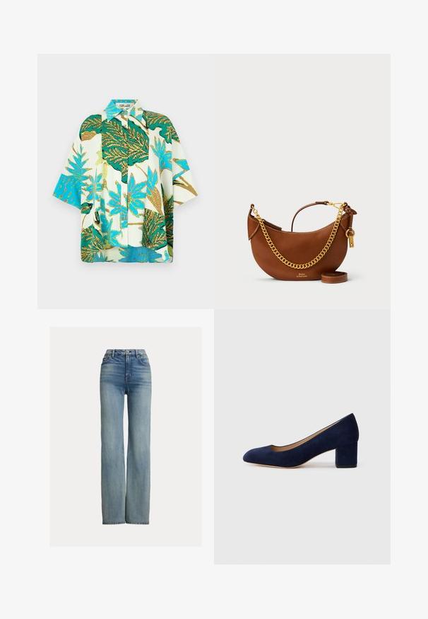 Rövid ujjú virágmintás ing élénk zöld, kék és fehér levélmintával, gombos előlappal és laza fazonnal.; Magas derekú, egyenes szárú kék farmernadrág, elülső zsebekkel, övhurkokkal és gombos záródással, finoman megfakult részletekkel.; Tengerészkék velúr, hegyes orrú pumpa, középmagas tömbsarkúval. Simítású felület finom fénylő hatással, elöl egy kis kivágással.; Barna bőr kézi táska íves kialakítással, arany lánc pánttal, belső zsebbel és leválasztható vállpánttal. Kontrasztos varrás jellemzi.