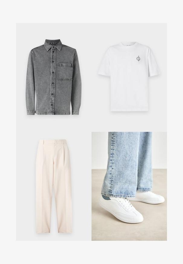 Grå denimskjorte med knapp-ned krage, frontlomme, lange ermer og klassisk passform med subtil falming for tekstur.; Hvit bomull t-skjorte med avslappet passform, med en liten svart grafisk logo på venstre brystområde. Korte ermer, rund hals.; Beige skreddersydde bukser med høy midje, legg og rett ben-design. Laget av glatt stoff med sidelommer og en ren finish.; Hvite sneakers med glatt materiale, snøring, teksturert gummisåle, og en teal akcent ved hælen, kombinert med lyseblå jeans.
