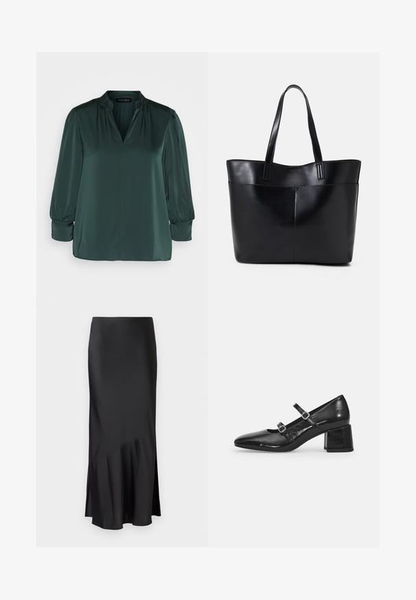 Blusa verde escura feita de tecido suave, com decote em V, ombros franzidos e mangas longas com punhos elásticos. Design de barra reta.; Saia midi em cetim preto com um design elegante, apresentando um leve esvoaçar na bainha e uma abertura lateral para facilitar os movimentos. Textura suave.; Sapatos Mary Jane de verniz preto com biqueira pontiaguda, duas tiras ajustáveis e um salto bloco robusto. Textura suave e acabamento brilhante.; Bolsa tote preta em couro com duas alças longas, textura suave e forma estruturada. Apresenta um bolso frontal para armazenamento adicional.