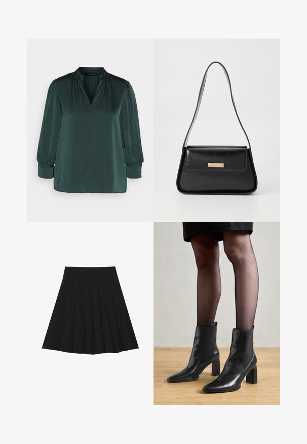 Ciemnozielona bluzka wykonana z gładkiego materiału, z dekoltem w kształcie litery V, bufkami na ramionach oraz długimi rękawami zakończonymi elastycznymi mankietami. Prosty krój u dołu.; Czarna plisowana spódnica z teksturowanej tkaniny z dopasowanym paskiem. Sięga do kolan, wyróżniając się gładką, czystą sylwetką.; Czarne skórzane botki za kostkę z ostro zakończonym noskiem, masywnym kwadratowym obcasem i eleganckim designem. Posiadają elastyczne boczne panele dla łatwego zakładania.; Czarna skórzana torebka o strukturalnym, trójkątnym kształcie, z wąskim paskiem i złotymi elementami ozdobnymi, wyposażona w tabliczkę z logo na przedniej klapie.