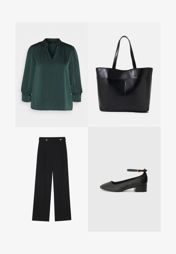 Blusa verde escura feita de tecido suave, com decote em V, ombros franzidos e mangas longas com punhos elásticos. Design de barra reta.; Calças largas pretas com cintura alta, detalhes em botão na cintura e pregas frontais.; Sandal de pele preta com bico pontiagudo e um salto bloco baixo. Apresenta uma tira no tornozelo com uma fivela em tom dourado. Textura suave.; Bolsa tote preta em couro com duas alças longas, textura suave e forma estruturada. Apresenta um bolso frontal para armazenamento adicional.