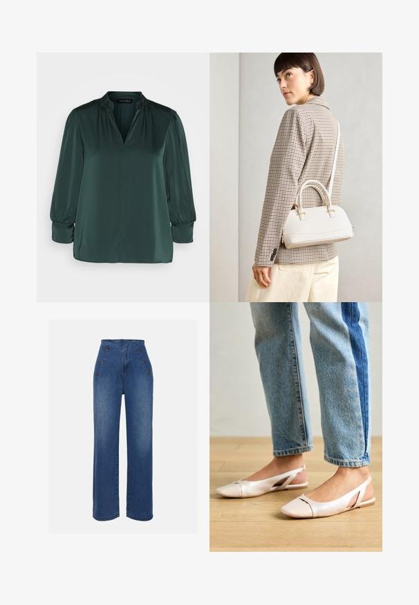 Tamsiai žalia bluzonė, pagaminta iš lygaus audinio, su V formos iškirpte, susirinkusiomis pečių dalimis ir ilgomis rankovėmis su elastingais manžetais. Tiesios apatinės dalies dizainas.; Aukštos liemens džinsai, vidutinio mėlynumo. Yra priekiniai mygtukų akcentai ir plati kojų forma. Audinys turi lygią tekstūrą su lengvu apdailos nusidėvėjimu.; Šviesiai rožiniai slingback baleto bateliai su smailiu pirštu, pagaminti iš lygios odai panašios medžiagos. Yra išpjovimų detalės šonuose ir plokščias kulnas.; Balta struktūruota rankinė su trumpomis rankenomis ir peties diržu, su auksinėmis detalėmis ir tekstūruota medžiaga, pastatyta prieš pilką foną.