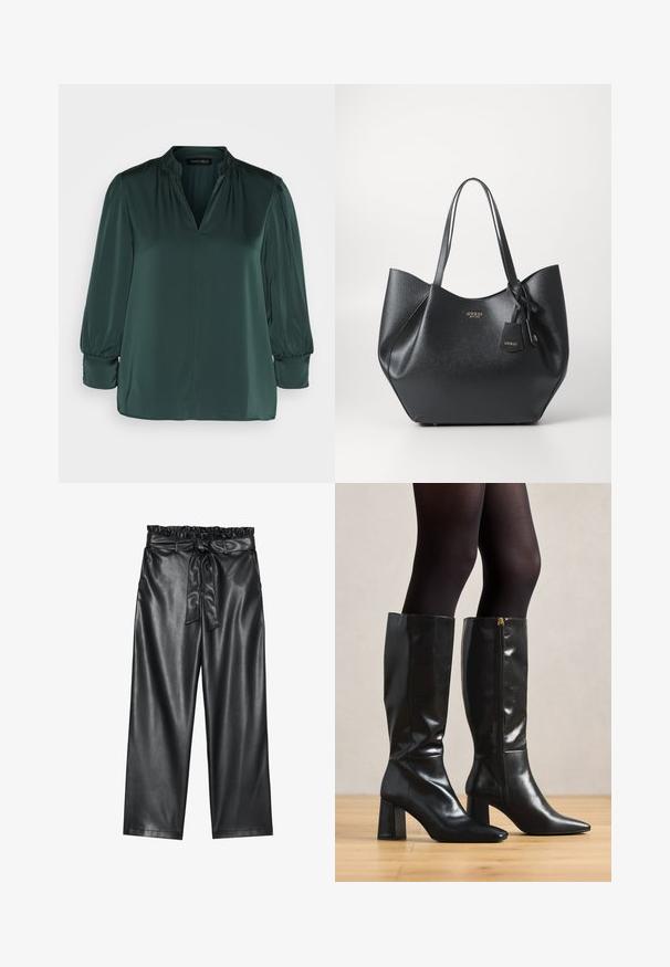 Tume roheline pluus, mis on valmistatud siledast kangast, V-kaelusega, kokkutõmmatavate õlgadega ja pikkade varrukatega, millel on elastsed mansetid. Sirge lõikega.; Must mustra aktiivse nahaga laiad püksid elastse kroogitud vöökoht ja eemaldatav sidumisrihm. Sile tekstuur ja minimaalne sära.; Põlvekõrgused mustad nahast saapad läikiva viimistlusega, terava toe ja paksu kontsaga. Küljel lukuga detail mugavaks selga panemiseks.; Mustmust kotte, mis on valmistatud tekstureeritud sünteetilisest materjalist, laia siluettiga, millel on kaks käepidet ja bränditud ripatise detail.; Hõbedane rõngas kõrvarõngas poleeritud viimistlusega, millel on väikesed kuldsed aktsendid ja ümmargune kuju, kantud lobus.