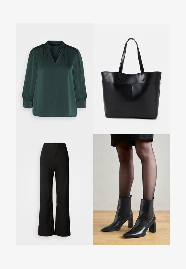 Dark green blouse made of smooth fabric, featuring a V-neck, gathered shoulders, and long sleeves with elastic cuffs. Straight hem design.; Black wide-leg trousers with a smooth texture, high waist, and a clean design. No visible pockets or embellishments.; Black leather ankle boots with a pointed toe, chunky square heel, and sleek design. Features elastic side panels for easy wear.; Black leather tote bag with two long handles, a smooth texture, and a structured shape. Features a front pocket for additional storage.