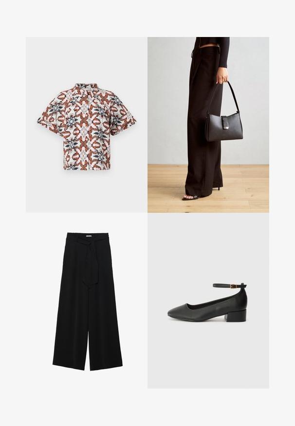 Rövid ujjú, gombos ing fehér színben, rozsdás, tengerészkék és rózsaszín virágmintával. Mandarin gallérral és laza fitettel rendelkezik.; Fekete, bő szárú nadrág, texturált anyagból, rugalmas derékpánttal és levehető sállal a derekán, amely állítható illeszkedést biztosít.; Fekete bőr magassarkú cipő hegyes orral és alacsony tömb sarkal. Bokapánttal rendelkezik, aranyszínű csattal. Simább textúra.; Fekete kézi táska strukturált formával, sima textúrával és fémből készült záródással. Széles fekete nadrággal és nyitott orrú szandállal párosítva, fából készült padlón.