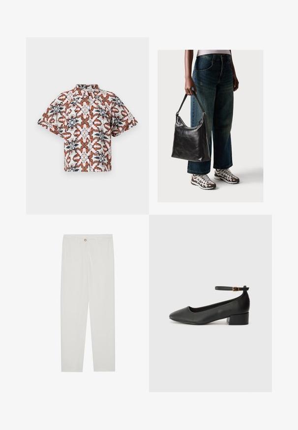 Košeľa s krátkym rukávom, na gombíky, biela s kvetinovým vzorom v medenej, námorníckej a ružovej farbe. Má mandarinový golier a voľný strih.; Biele, priliehavé nohavice s rovnými nohavicami, so zapínaním na gombík, pútkami na opasok a bočnými vreckami; hladká textúra látky.; Čierne kožené lodičky s špicatou špičkou a nízkym blokovým podpätkom. Obsahuje remienok okolo členka so zlatým prackou. Hladký povrch.; Čierna kožená taška cez rameno s hladkou textúrou a nastaviteľným popruhom, skombinovaná s vyblednutými širokými džínsy a športovými teniskami.