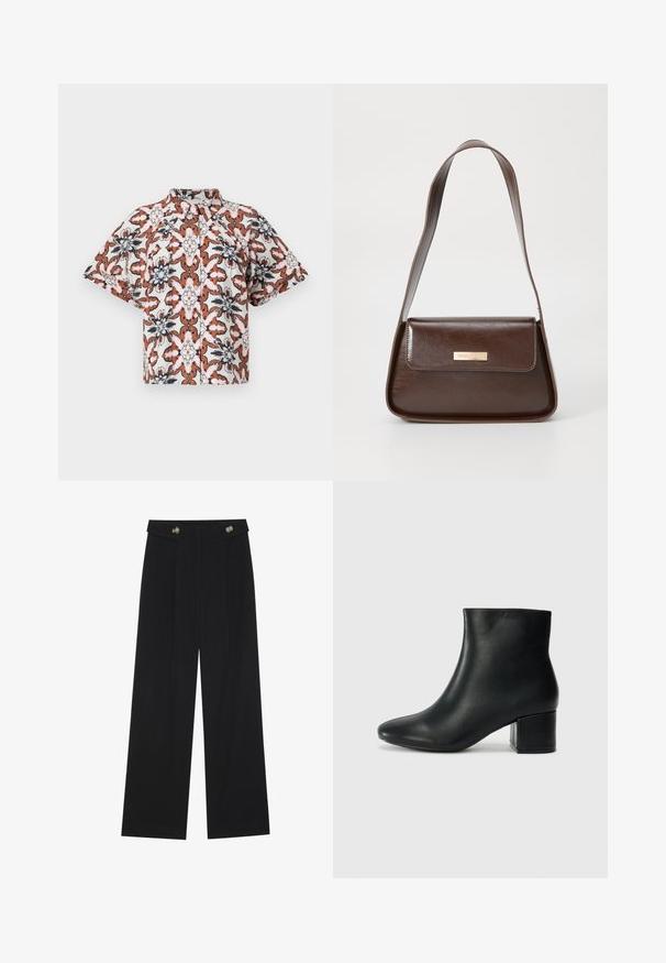 Camicia a maniche corte, con bottoni, di colore bianco con un motivo floreale in tonalità ruggine, blu navy e rosa. Presenta un colletto alla coreana e un taglio comodo.; Pantaloni neri a gamba larga con vita alta, dettagli con bottoni in vita e pieghe frontali.; Stivali neri in pelle fino alla caviglia con punta appuntita e tacco spesso. Texture liscia con minimi dettagli e un design elegante e aderente.; Borsa a spalla in pelle marrone con una forma strutturata, dotata di chiusura a patta magnetica e un accento di logo metallico sul davanti.