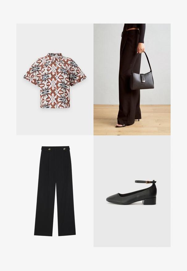 Korte ermer, knappet skjorte i hvit med blomstermønster i rust, marineblå og rosa nyanser. Har mandarin-krage og løs passform.; Svart vide bukser med høy midje, knappdetaljer på midjebåndet og frontplisser.; Sorte skinnpumper med spiss tå og lav blokkhelt. Har ankelrem med gullfarget spenne. Glatt tekstur.; Svart håndveske med strukturert form, jevn tekstur og metallisk lås. Kombinert med brede svarte bukser og sandaler med åpen tå på tregulv.
