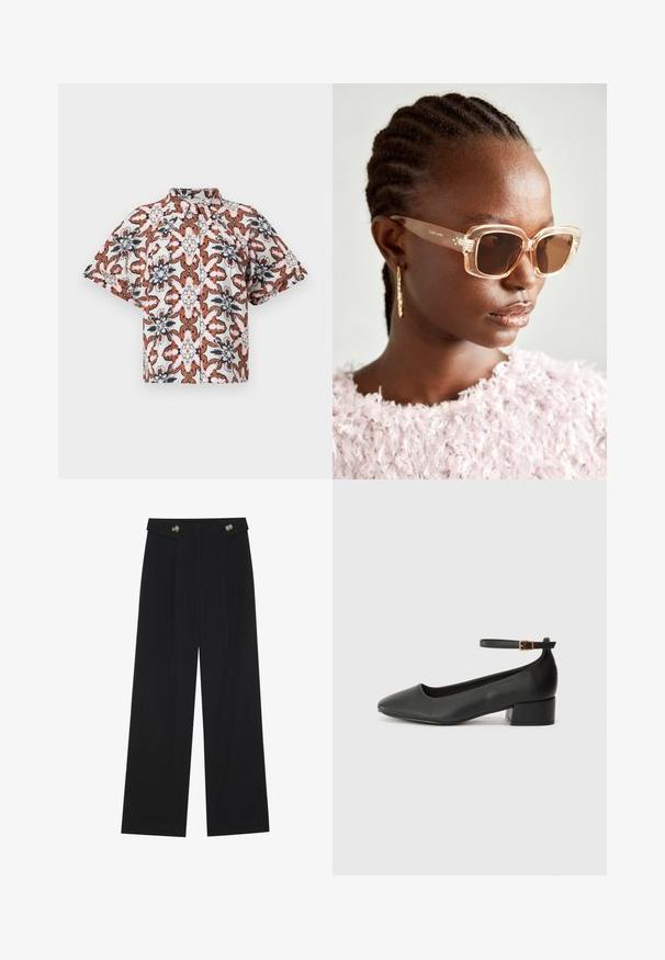 Lühikeste varrukatega nööbitav särk, mis on valge ja lillemustriga, kus on rust, tumesinine ja roosa toone. Omab mandariinikaelust ja lõdva istuvusega.; Mustad laiad püksid kõrge vöökoha ja nööpdetailidega vööandil, esikortsudega.; Must mustaapp, millel on terav nina ja madal blokk-kand. Omab pahkluu rihma koos kuldse tooni pandlaga. Sile tekstuur.; Bežid suured prillid, millel on läbipaistev raam ja pruuni tooni läätsed, millel on peened lillemustrid ja julge geomeetriline disain.; Must mustaga musta nahast, millel on kaks pikka kanda, sile tekstuur ja struktureeritud kuju. Esipoolsel on lisakoti jaoks tasku.