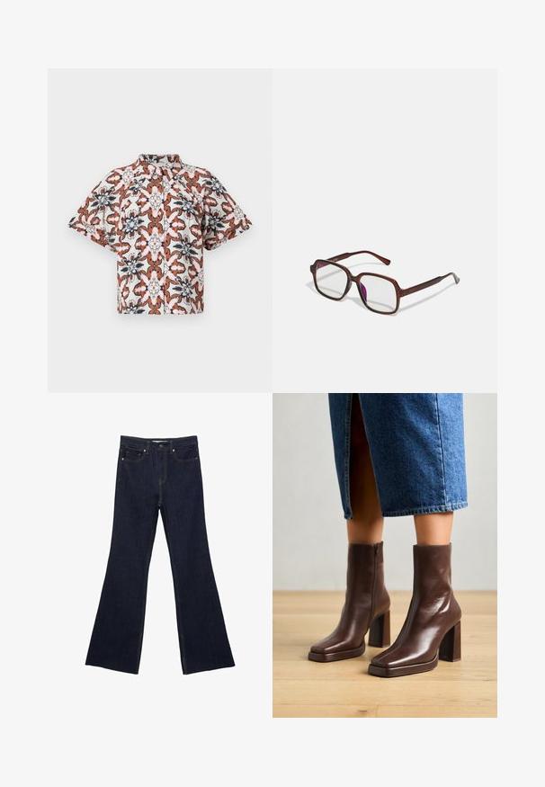 Short-sleeve, button-up shirt in white with a floral pattern in rust, navy, and pink hues. Features a mandarin collar and relaxed fit.; Dark blue denim flared jeans featuring a standard five-pocket design and visible stitching. Fabric has a smooth texture with minimal fading.; Jeffrey Campbell MAXIMAL-L2 - Platform ankle boots - dark cognac; Brown, rectangular eyeglasses with transparent lenses and purple tints. Smooth plastic frame with straight temples and subtle accents.; Brown faux leather shoulder bag with curved shape, minimal stitching, and a gold-tone hardware accent. Features a top zipper closure and adjustable strap.