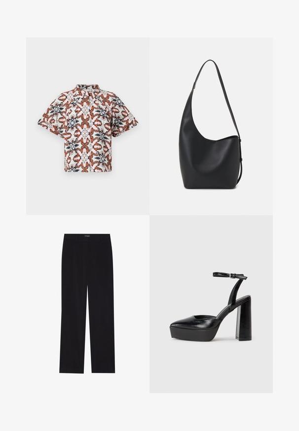 Lyhythihainen, nappikauluspaita valkoisena, jossa on kukkakuosi ruosteisen, laivastonsinisen ja vaaleanpunaisen sävyissä. Sisältää mandariinikauluksen ja rentoa istuvuutta.; Mustat corduroy-housut suoralinjaisella leikkauksella, jotka sisältävät litteän vyötärön ja ei näkyviä taskuja, sileä rakenne ja pystyribbaus. ; Mustat korkeat platform-kengät, joissa on terävä kärki ja säädettävä nilkkaremmi. Valmistettu sileästä nahasta ja varustettu paksulla lohkokorkeudella.; Musta nahkainen hobo-laukku, jossa on sileä pinta, kaareva muoto ja yksi säädettävä olkahihna; sisäänkäynti on leveä ylhäältä.