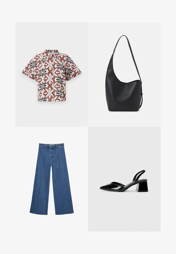 Krátký rukáv, košile na knoflíky v bílé barvě s květinovým vzorem v odstínech rezavé, námořnické modři a růžové. Má mandarínský límec a volný střih.; Džíny s širokými nohavicemi v středně modré barvě, se zvýšeným pasem, knoflíkovým zapínáním a kontrastními vertikálními švy vpředu.; Černé lakované kožené lodičky na pásku s špičatou špičkou a geometrickým blokovým podpatkem. Vyznačují se elegantním, minimalistickým designem a hladkým povrchem.; Černá kožená hobo taška s hladkým povrchem, zakřiveným tvarem a jedním nastavitelným popruhem; má široké otevírání nahoře.